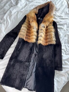 Black Real Fur Coat with Brown Fur Collar - Women's Jacket